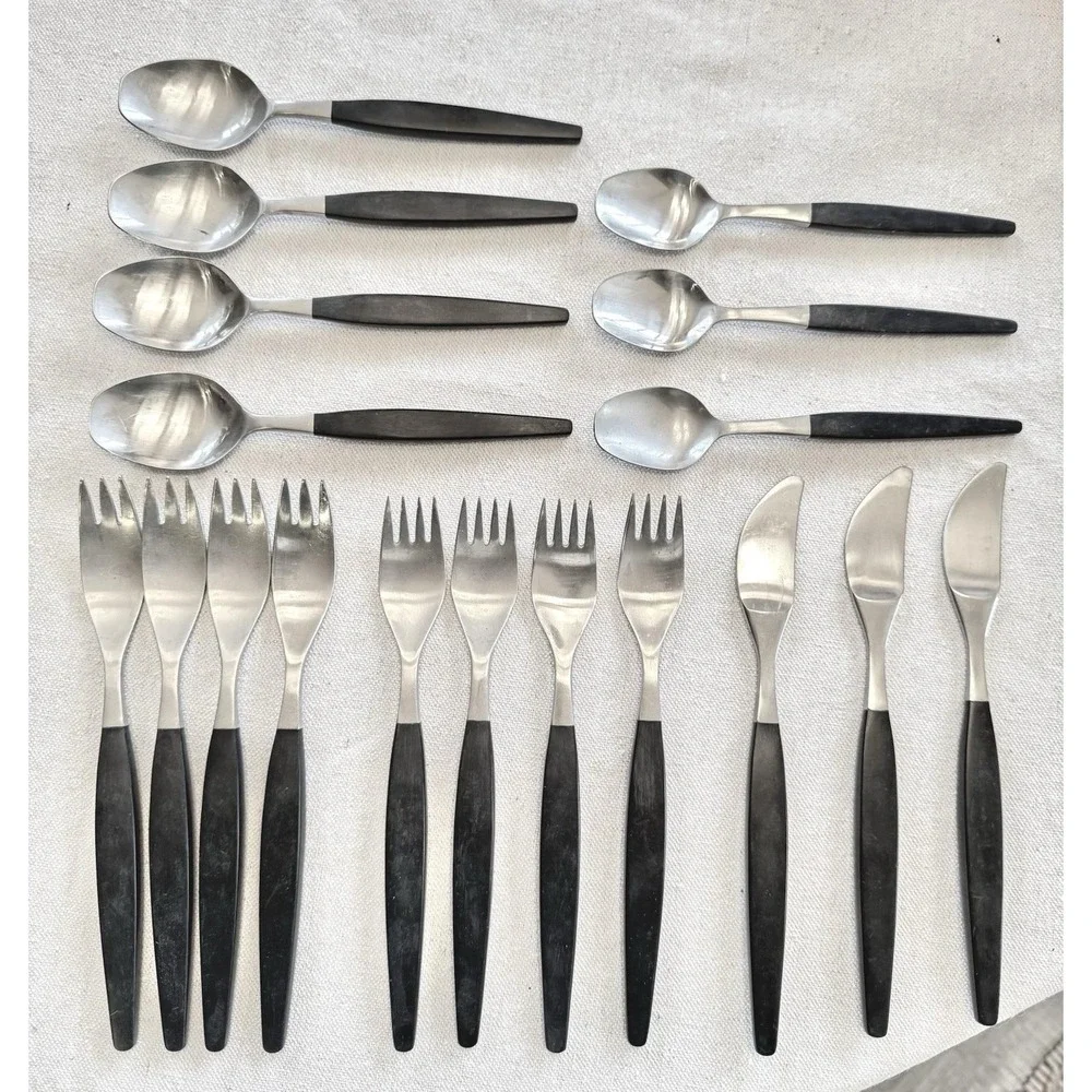Gense Focus Deluxe Black 18pc Flatware Set Folke Arstrom Sweden 18/8 MCM